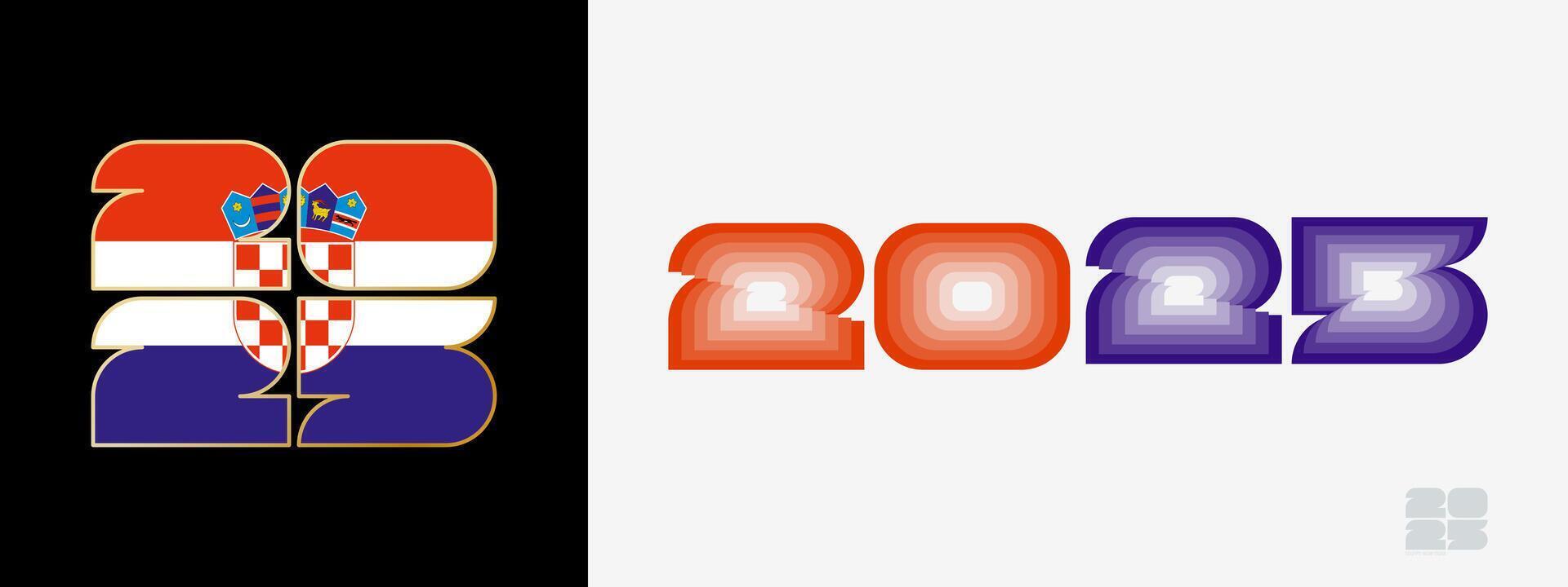 Year 2025 with flag of Croatia and in color palate of Croatia flag. Happy New Year 2025 in two different style. vector