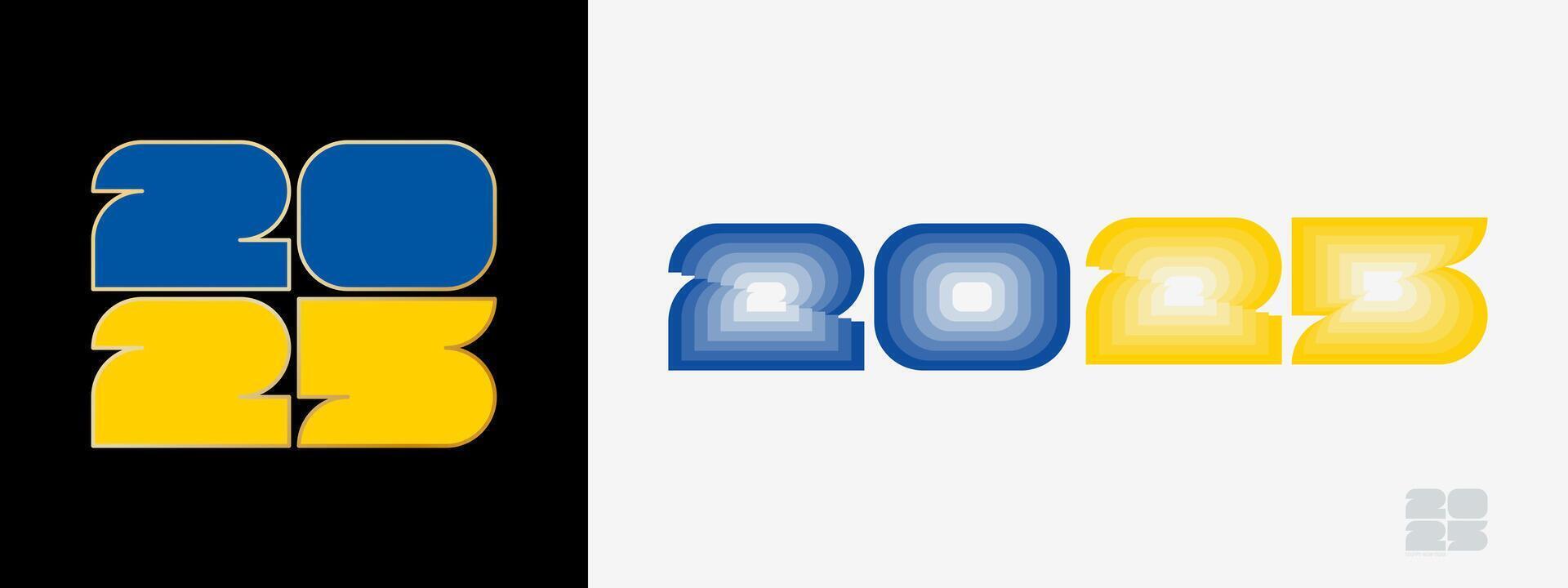 Year 2025 with flag of Ukraine and in color palate of Ukraine flag. Happy New Year 2025 in two different style. vector