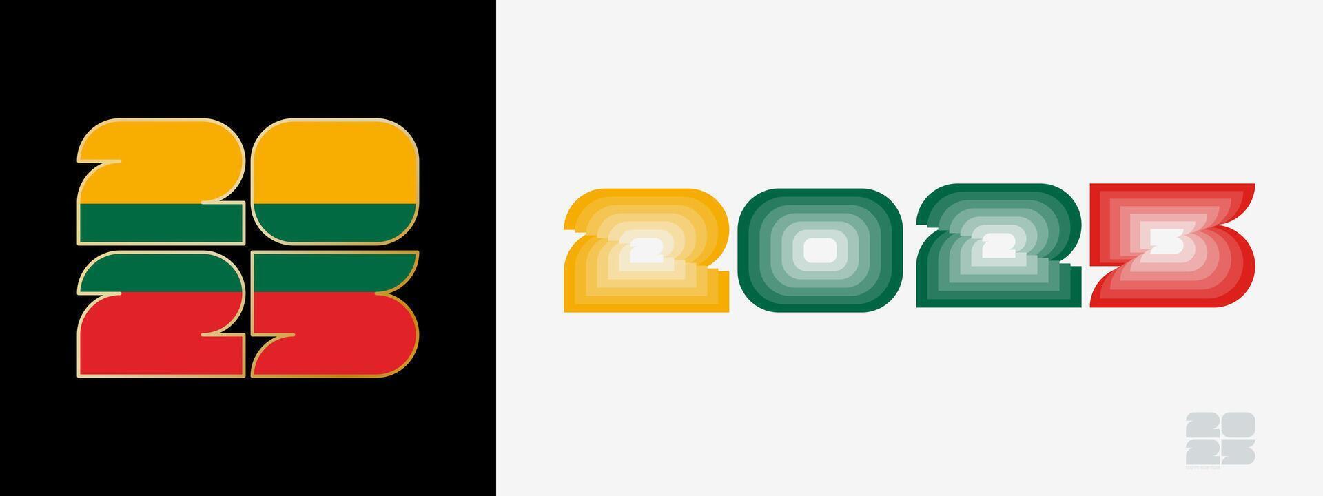 Year 2025 with flag of Lithuania and in color palate of Lithuania flag. Happy New Year 2025 in two different style. vector