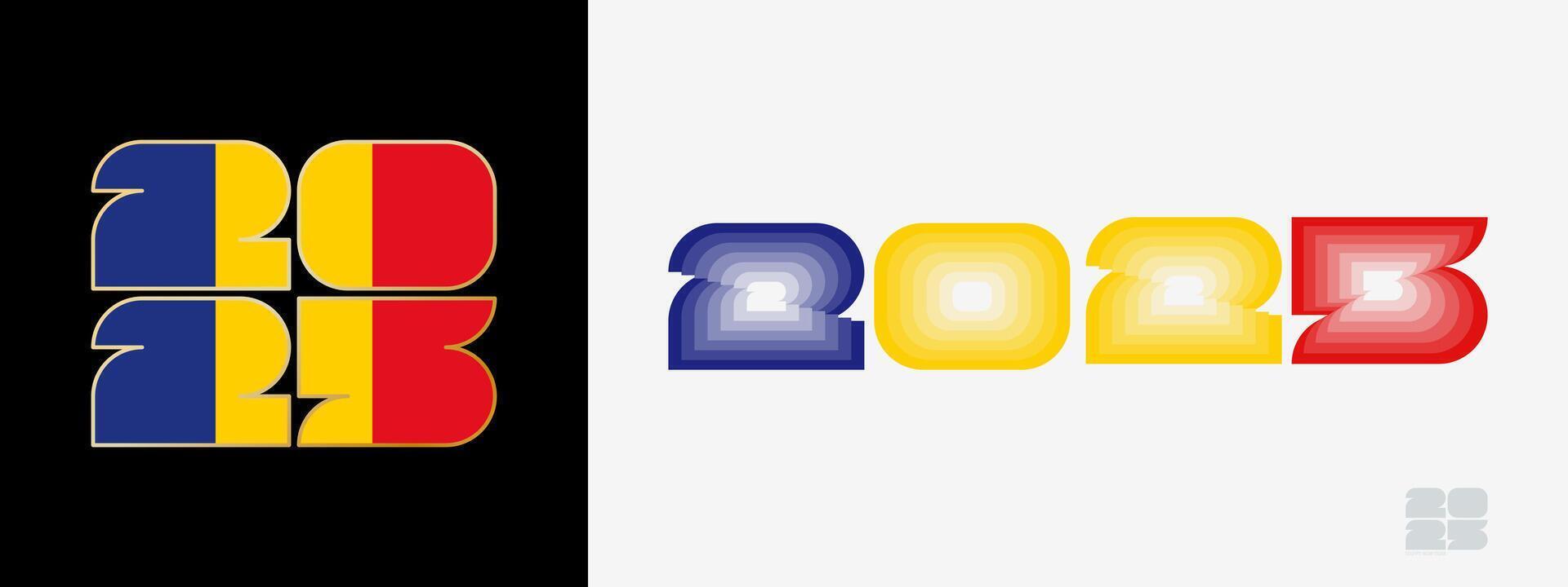 Year 2025 with flag of Romania and in color palate of Romania flag. Happy New Year 2025 in two different style. vector