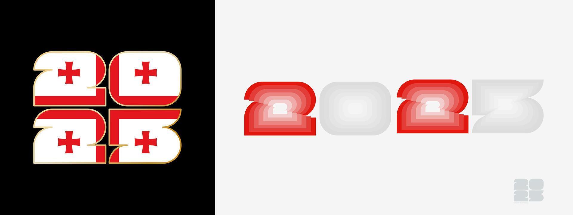Year 2025 with flag of Georgia and in color palate of Georgia flag. Happy New Year 2025 in two different style. vector