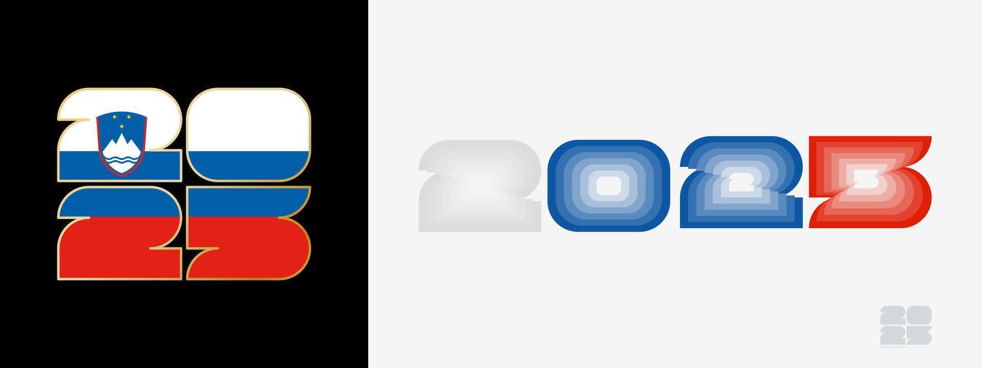 Year 2025 with flag of Slovenia and in color palate of Slovenia flag. Happy New Year 2025 in two different style. vector