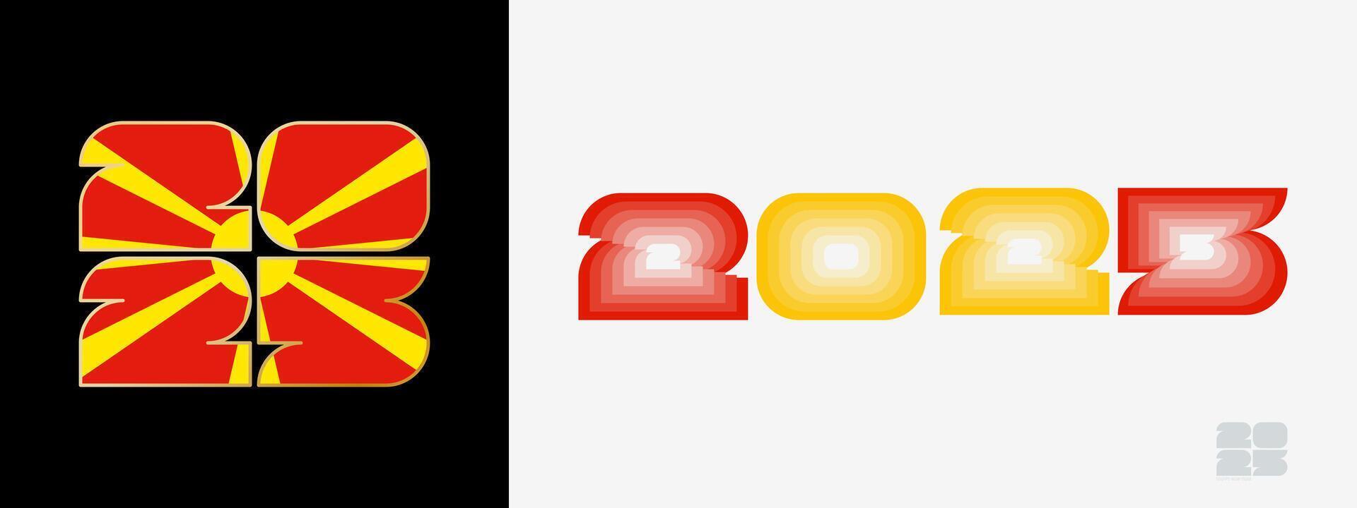 Year 2025 with flag of North Macedonia and in color palate of North Macedonia flag. Happy New Year 2025 in two different style. vector