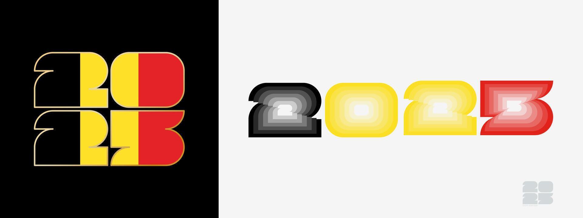 Year 2025 with flag of Belgium and in color palate of Belgium flag. Happy New Year 2025 in two different style. vector