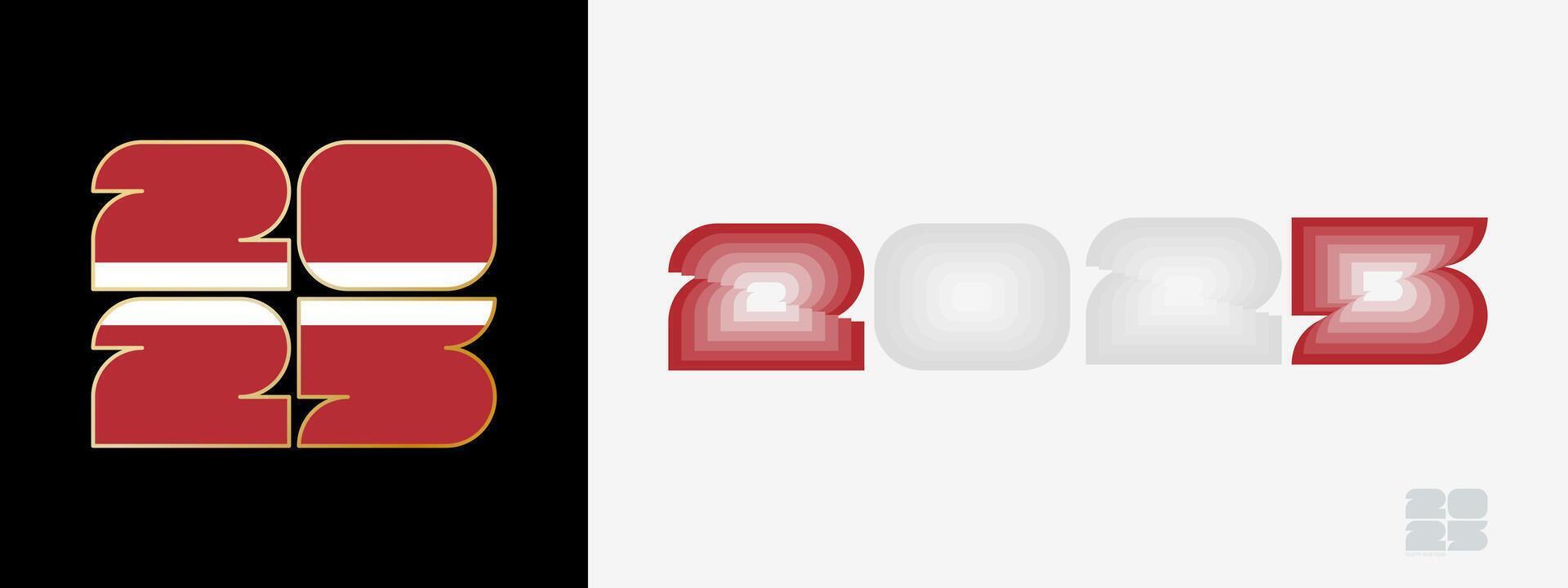 Year 2025 with flag of Latvia and in color palate of Latvia flag. Happy New Year 2025 in two different style. vector