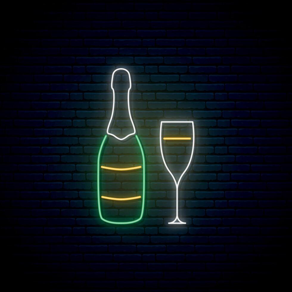 Neon champagne sign. vector