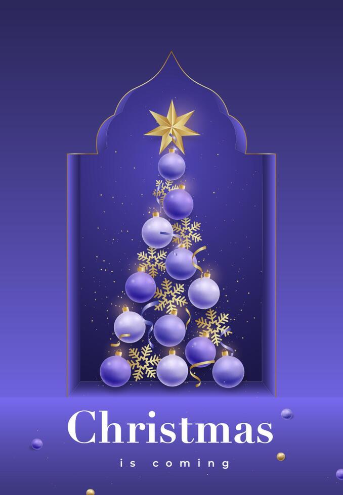 Balls and snowflakes in shape of Christmas tree. vector