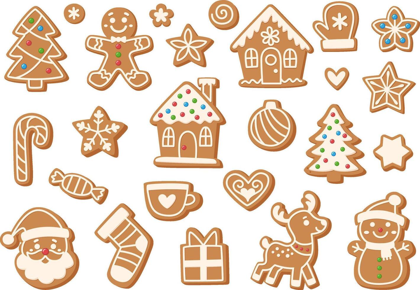 Christmas gingerbread cookies of different shapes and sizes. Gingerbread houses, Christmas trees, man, snowflakes and stars, deer and snowman. vector