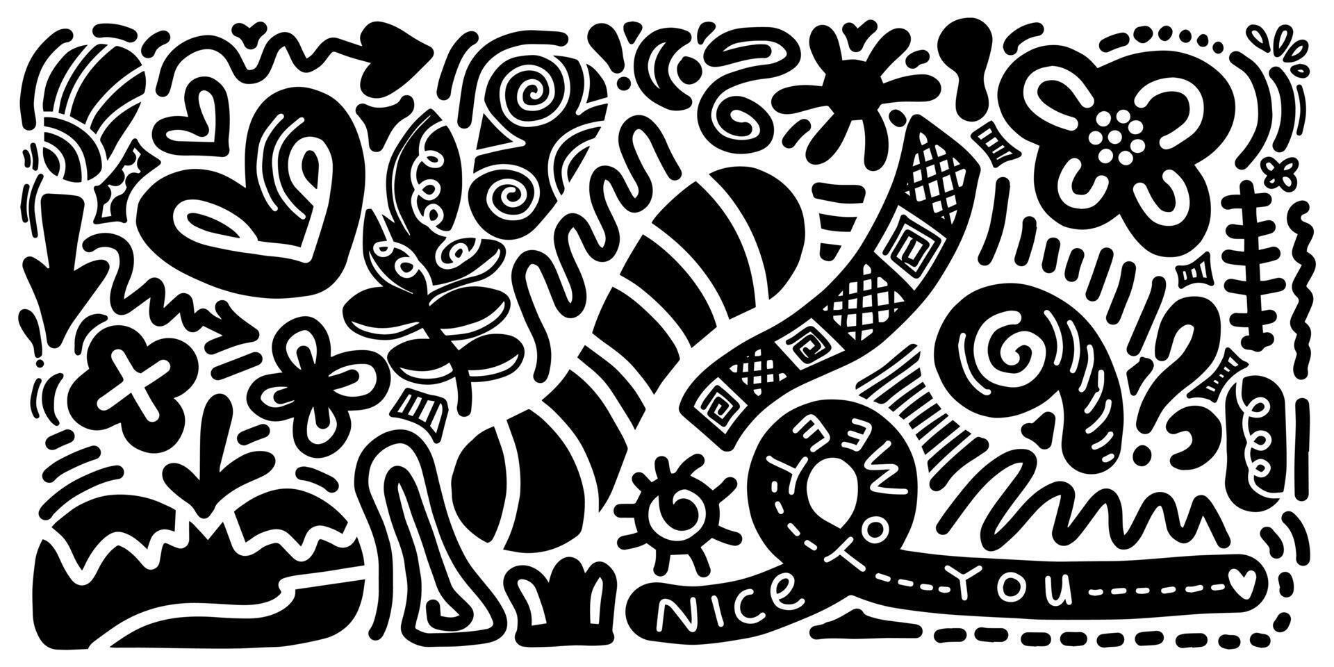 Naive cute abstract shapes sticker pack. Fun funky flowers, bubbles, stars, circles, eyes typography in trendy retro 90s cartoon style vector