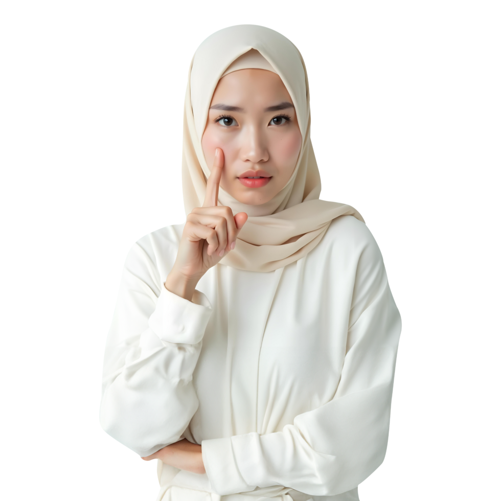 An Asian woman wearing a hijab, her finger placed on her cheek, indicating deep thought or consideration on transparent background png