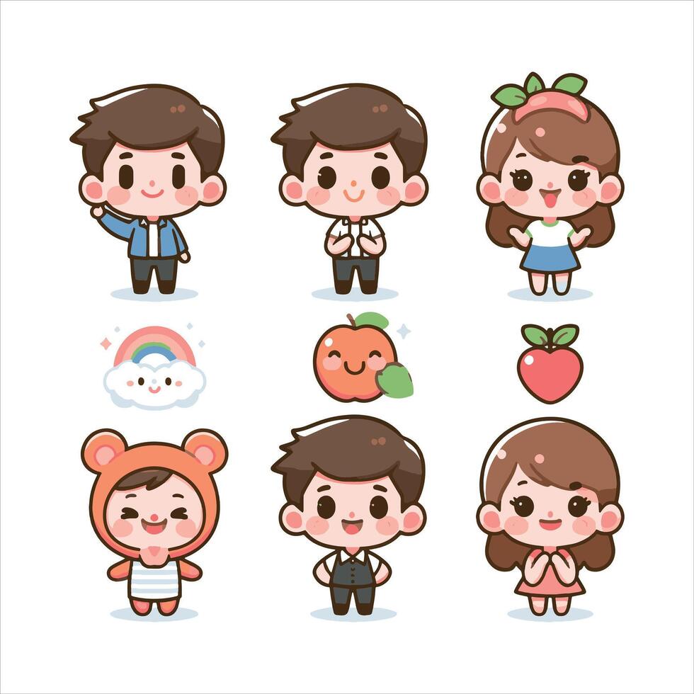 Cute korean cartoon characters set vector
