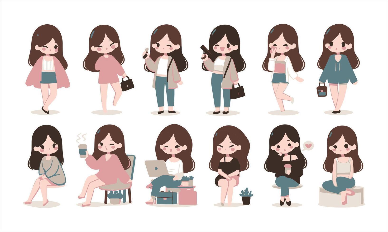 A set of different cartoon girls with different poses vector