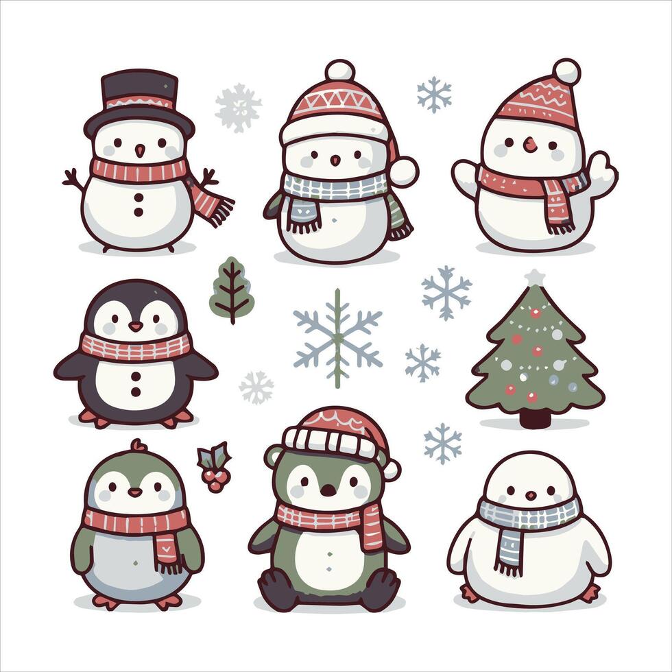 Cute snowmen and penguins in winter clothes vector