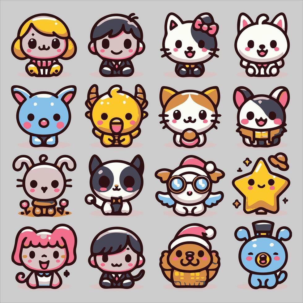 Kawaii cute animal characters set vector