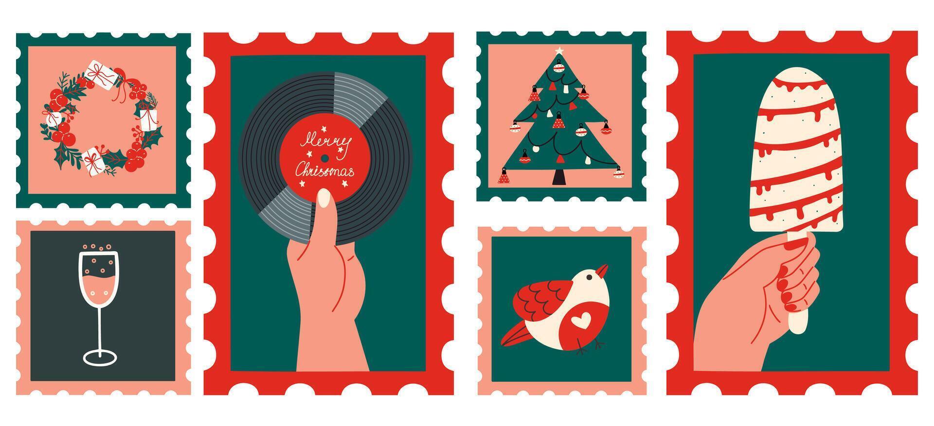 Hand-drawn Christmas post stamps set. New Year collection design elements on isolated background. vector