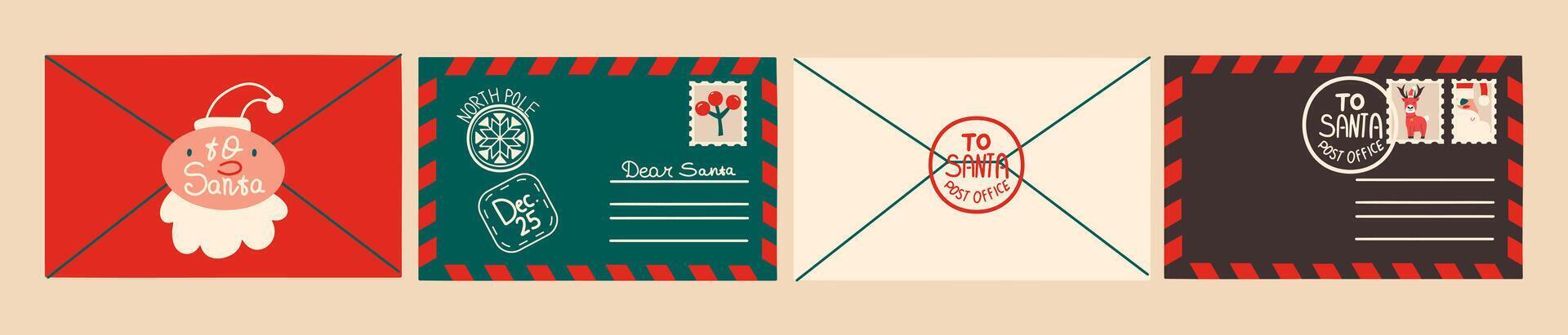 Set of envelopes for Santa Claus. Children's Christmas letters. New Year's mail. vector