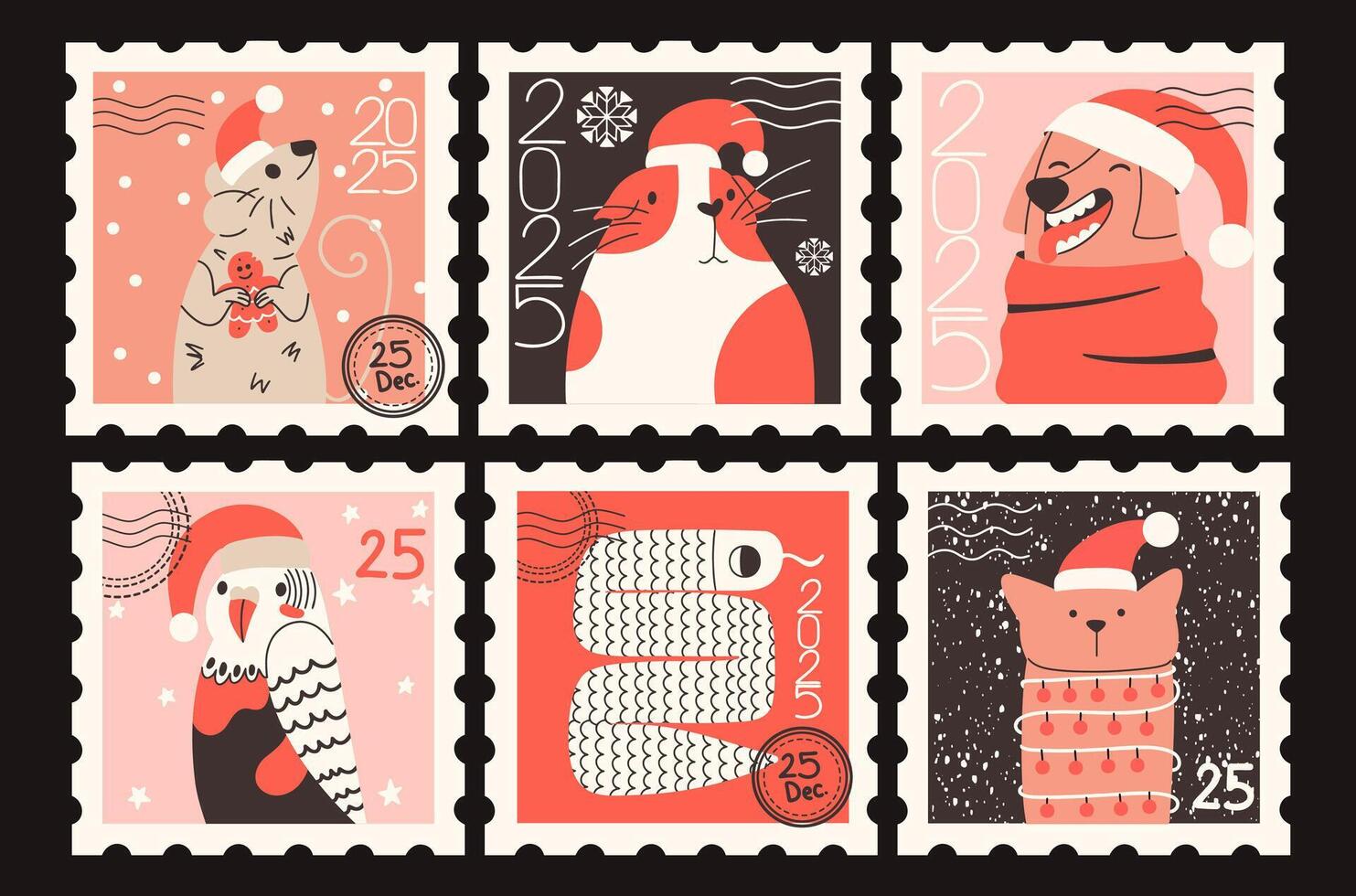 Funny domestic pets on Christmas stamps. New Year hand-drawn set. Cute character cat, snake, dog, mouse, parrot and guinea pig vector