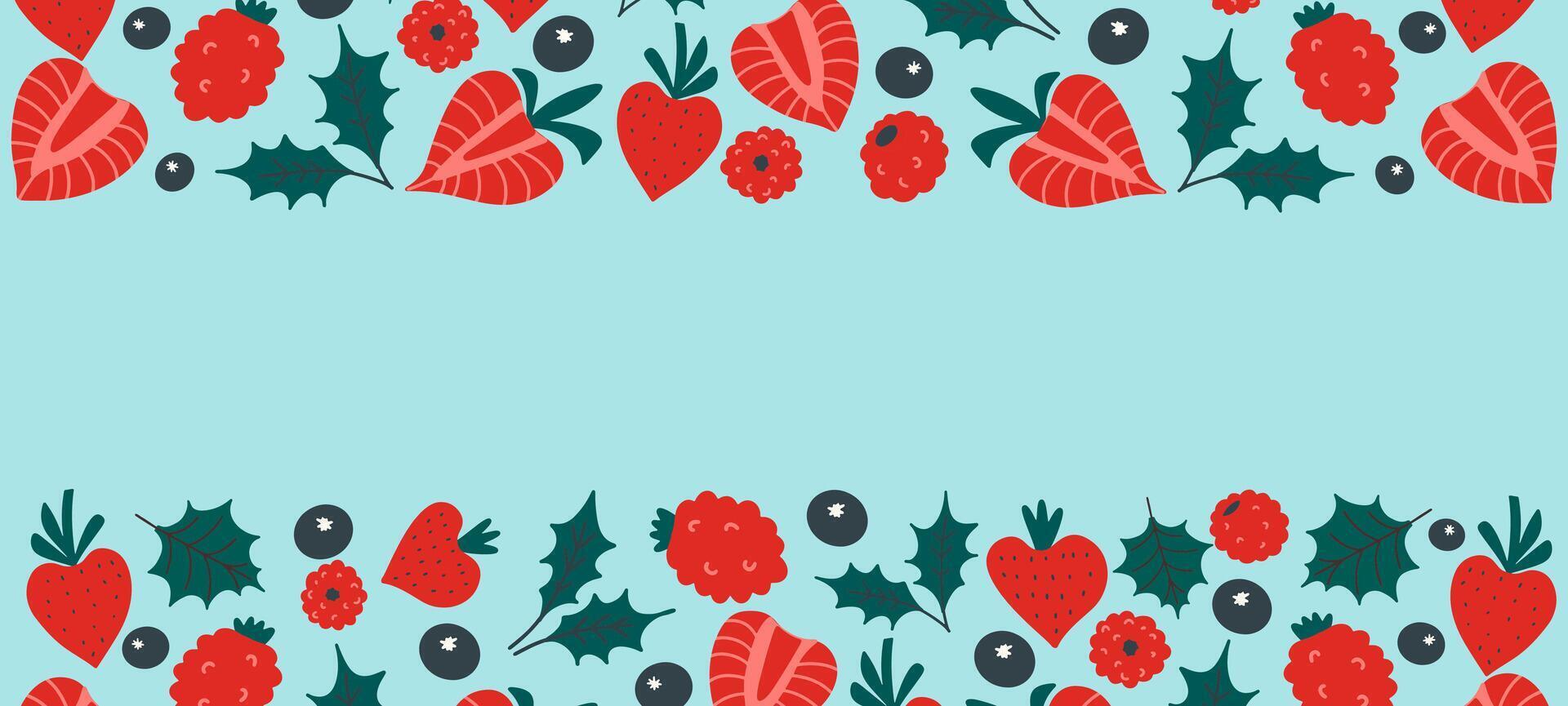Blue background with empty space and strawberries, blueberries and raspberries . vector