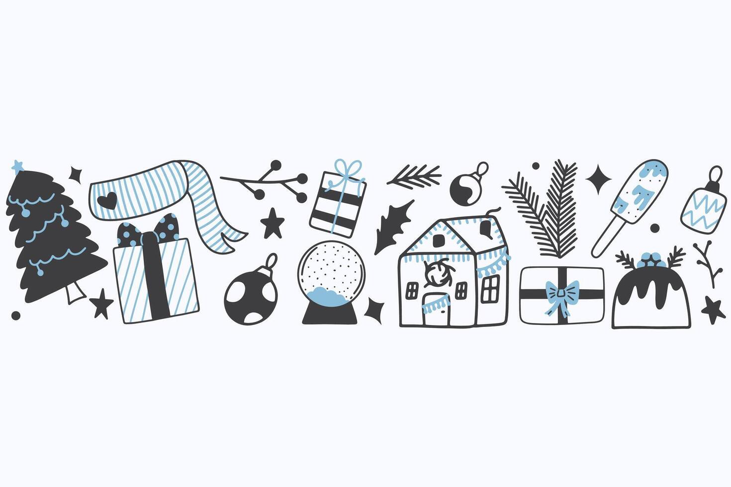 Chrismas doodle set with warm scarf, cute house, snow globe, pudding. Hand draw holiday elements. vector