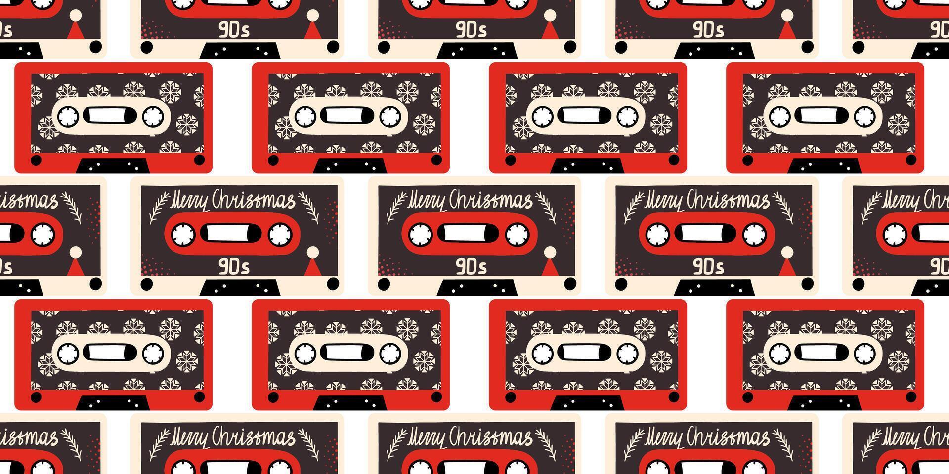 New Year seamless pattern with audio cassettes. Christmas retro background vector
