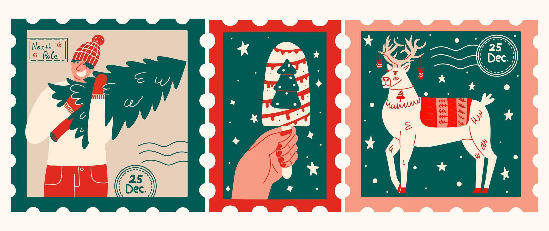 Hand-drawn Christmas post stamps set. New Year collection design elements on isolated background. Christmas illustration for greeting card, holiday invitation, print and poster vector