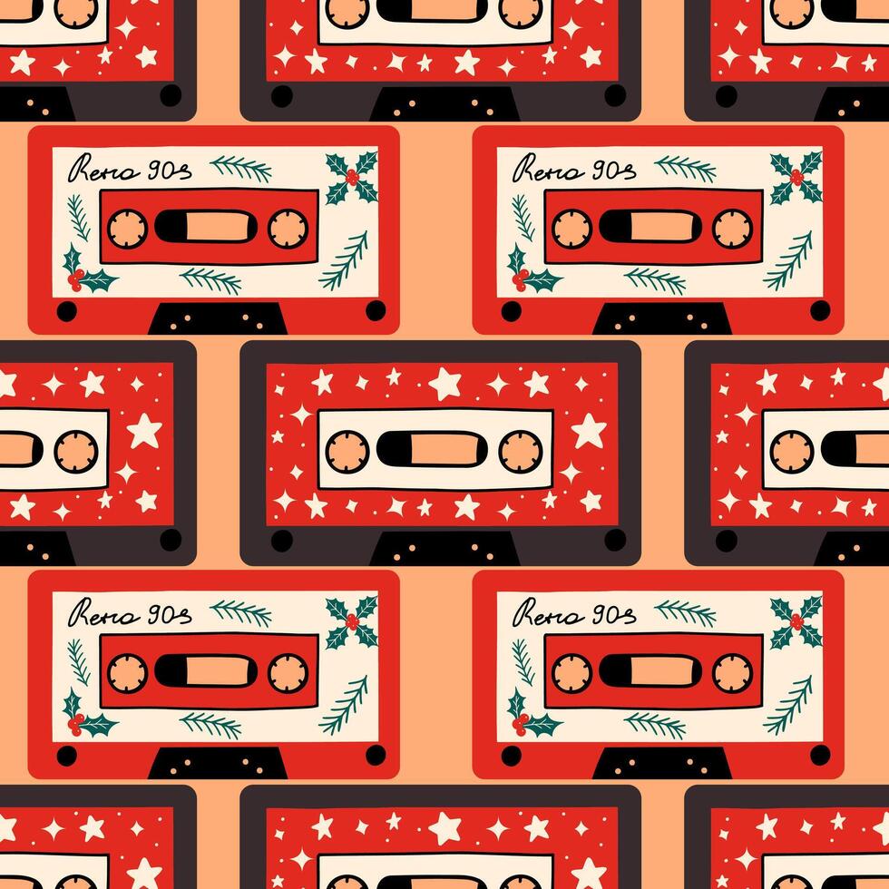 New Year seamless pattern with audio cassettes. Christmas design background. Trendy Christmas pattern for print, wrapping paper, notebook cover. vector