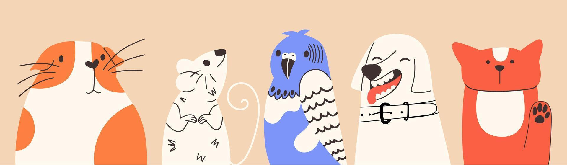Funny cartoon pet set. Hand-drawn illustration with domestic animals. vector