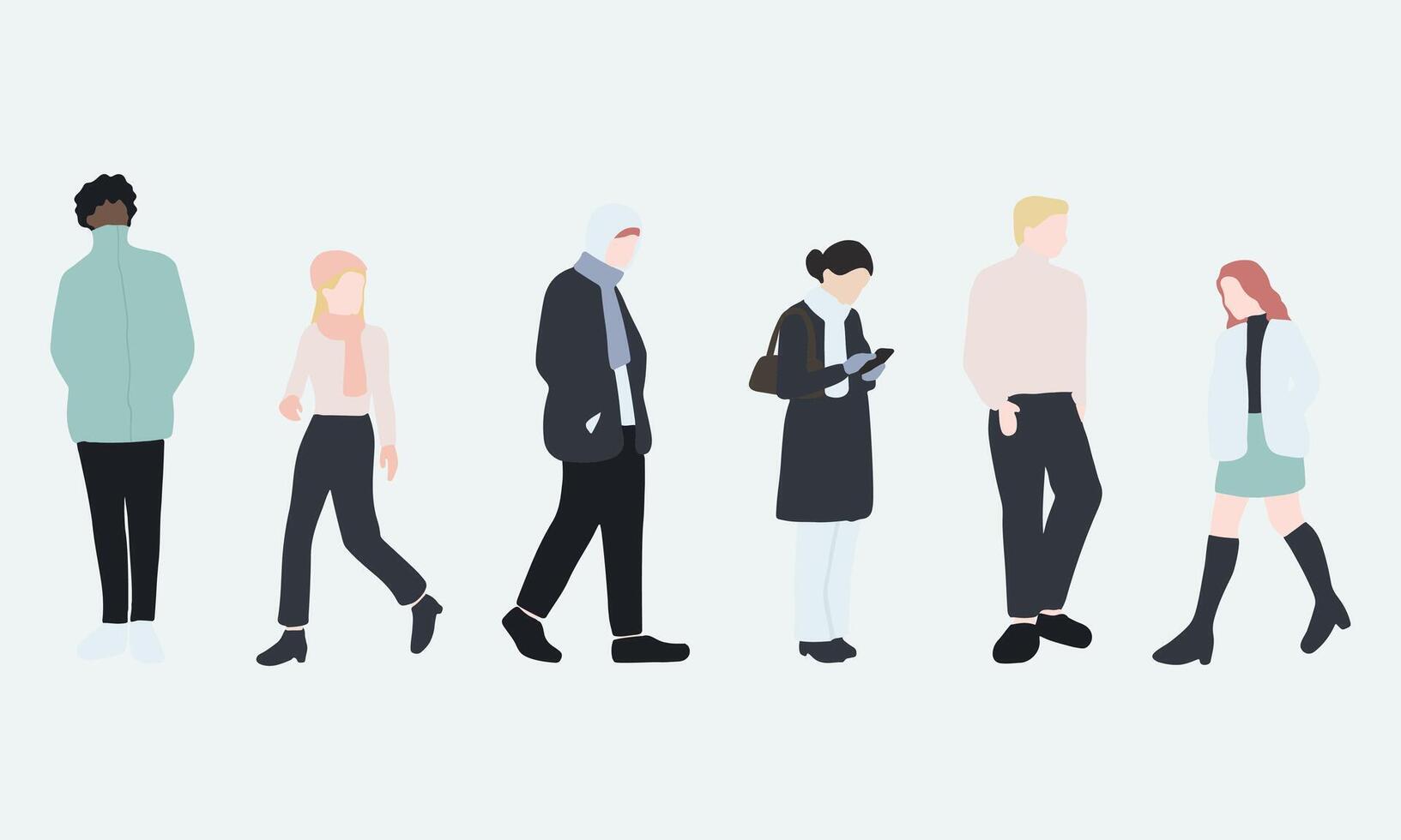 flat minimal people male and female illustration in winter clothing concept isolated set collection. For architecture rendering, graphic design, info graphic, media vector