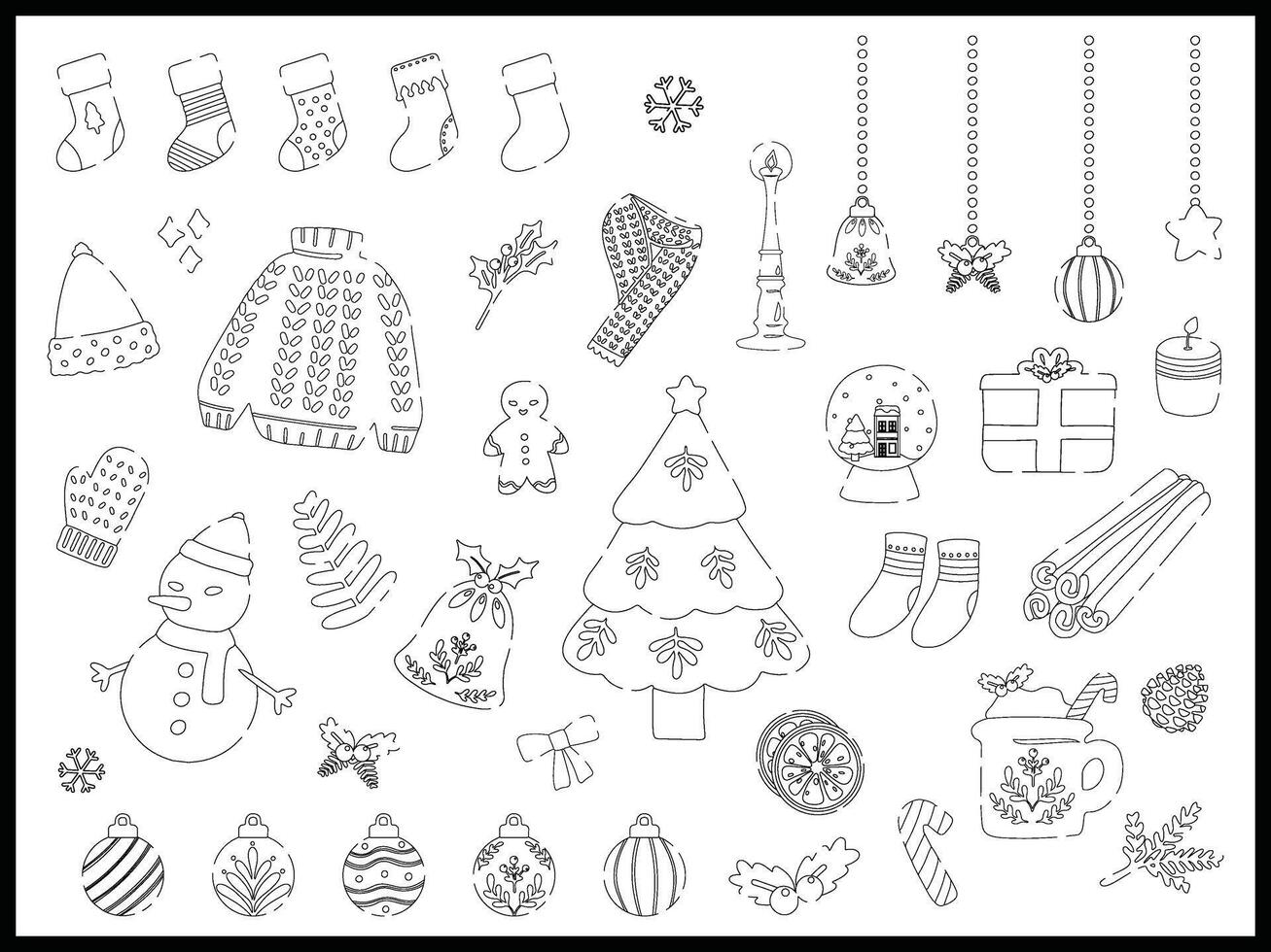hand drawn flat illustration of a set of monochrome line winter christmas holiday collection. Elements doodle collection in flat style. for winter poster, card, scrapbooking, invitation vector