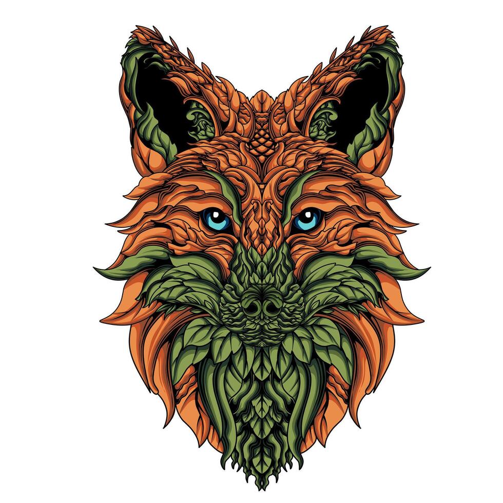 A fox head with green and orange leaves on it vector