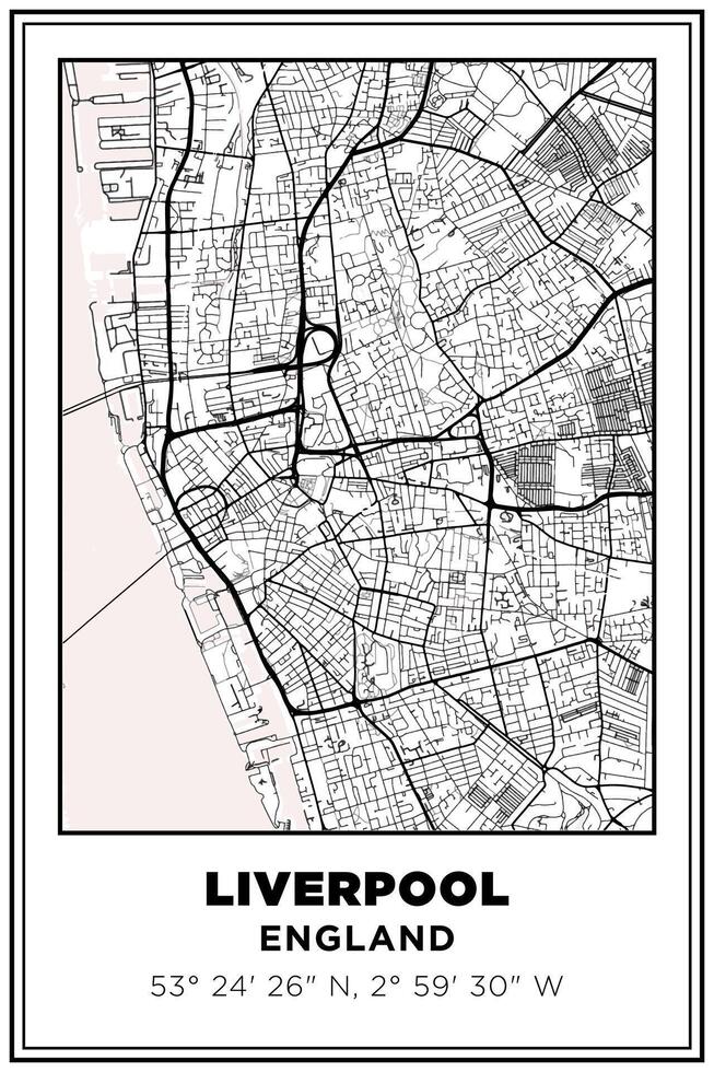 Black and white printable Street map art Liverpool city, england. Travel poster with coordinates, poster design, Modern Poster Wall Art Home Decor Ready to Printable vector