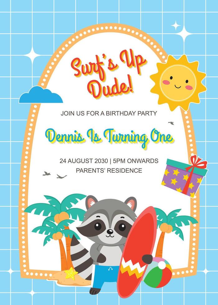 a birthday party invitation with a raccoon and surfboard vector