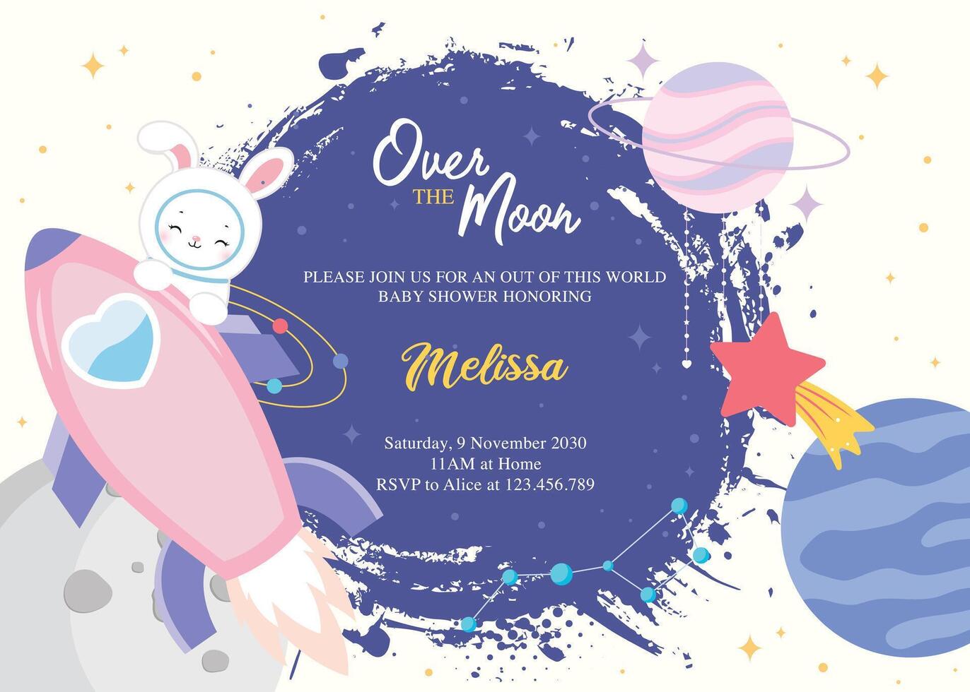 baby shower invitation with a cute bunny astronaut and space elements vector