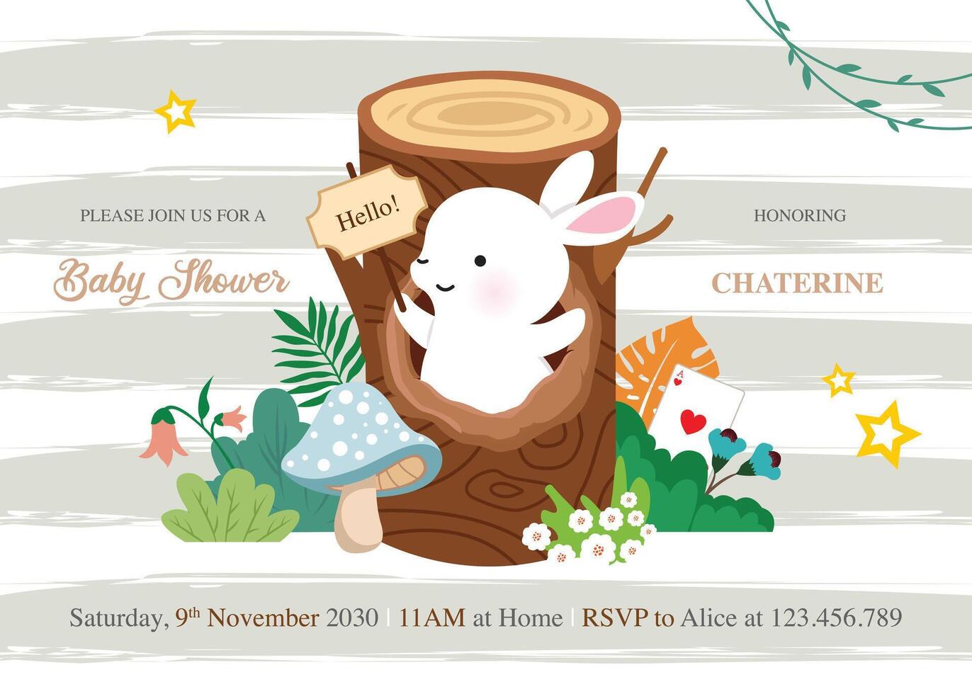 baby shower invitation with cute bunny in stripes background vector