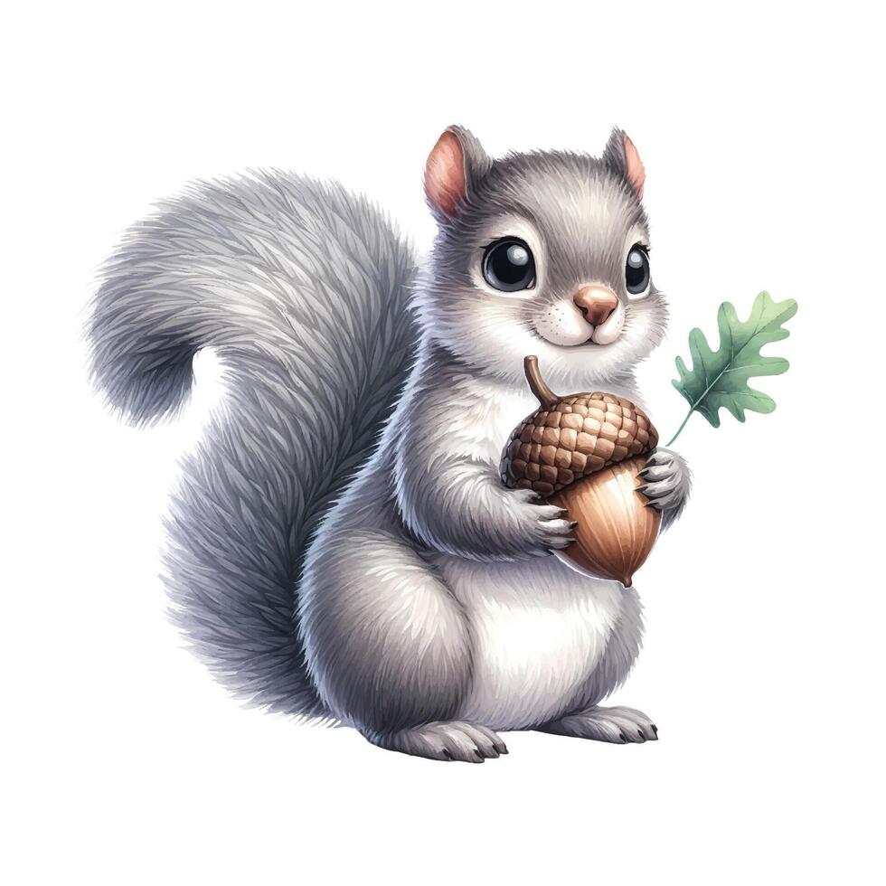 Watercolor Cute Grey Squirrel Holding Walnut Standing Dynamically Concept vector