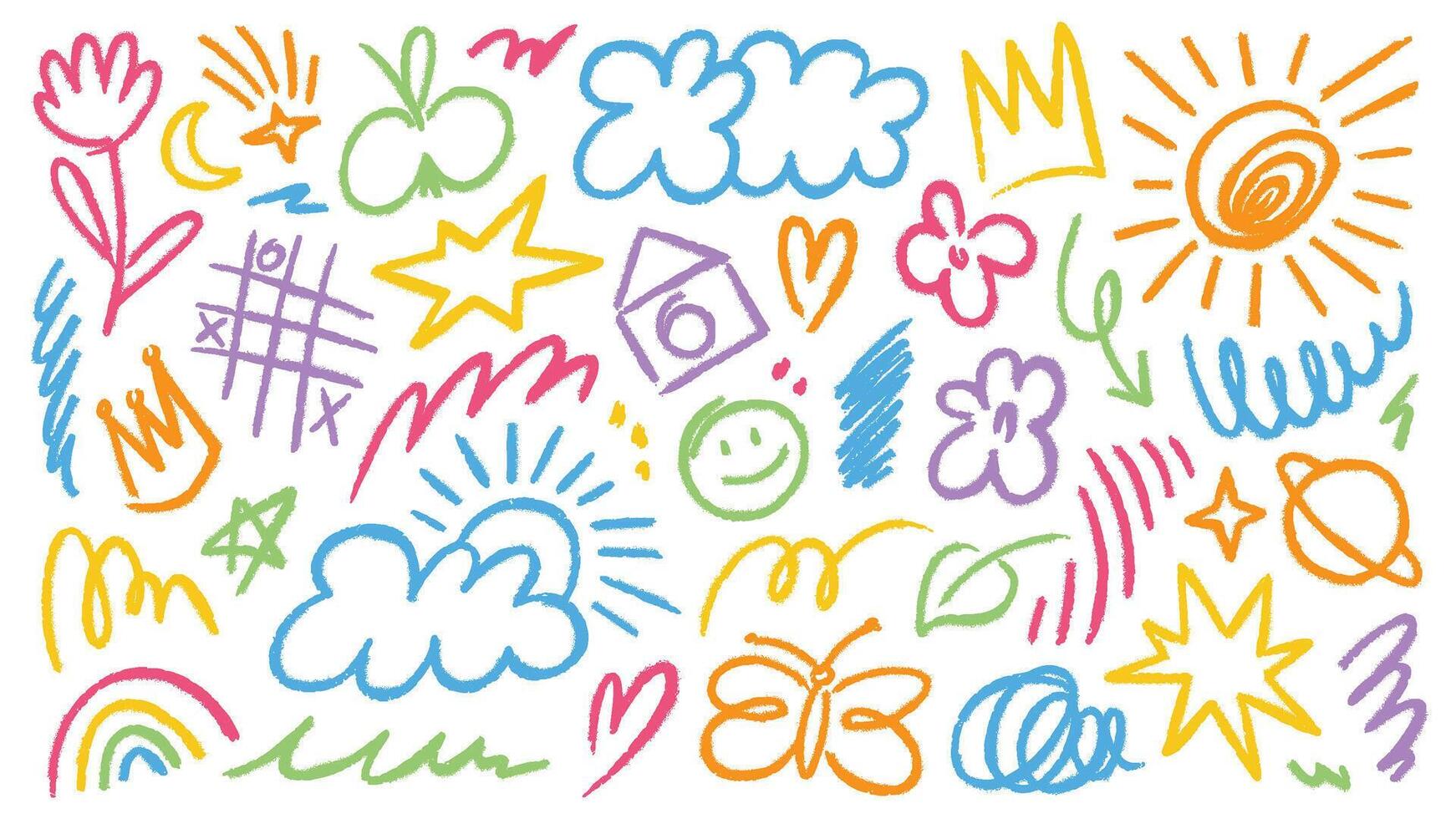 Hand drawn colorful charcoal doodle collection. Pencil drawings set with squiggle shapes and forms include crowns, sun, stars, flowers, clouds, smile and other collage elements vector
