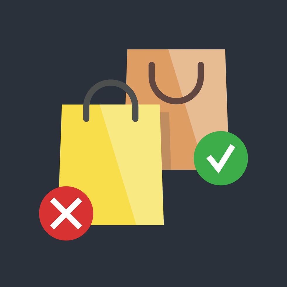 check and cross shopping bag in flat design. vector
