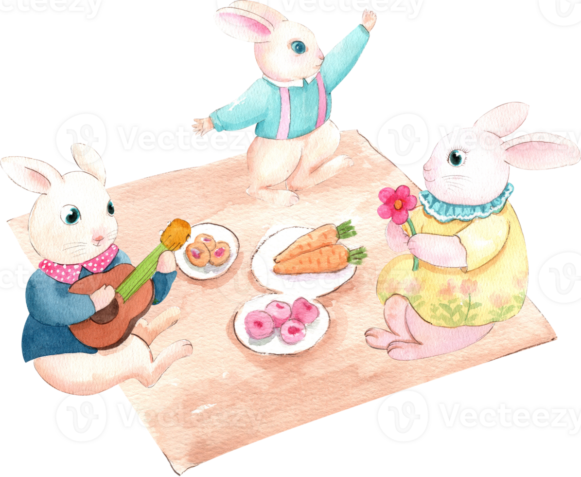 A family of rabbits sits on a mat having a picnic, singing and dancing., hand-drawn watercolor painting illustration png