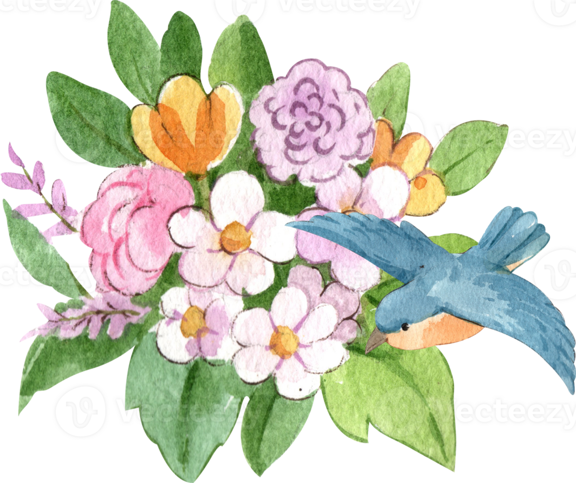 A bouquet of colorful flowers with a blue bird flying and perching on it., hand-drawn watercolor painting illustration png