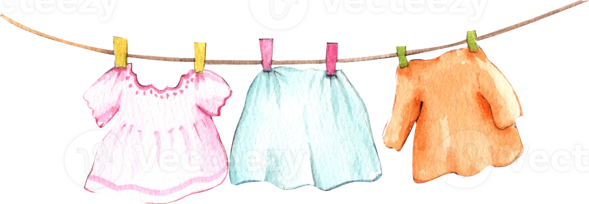 Dresses, tops, and skirts are hung on a rope line., hand-drawn watercolor painting illustration png