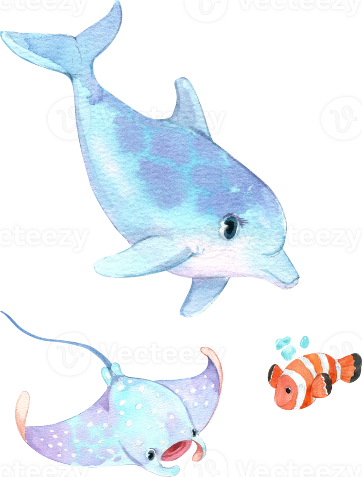 Marine animals include Whale, Manta Ray Cartoon and clownfish, Watercolor Hand-drawn Illustration png