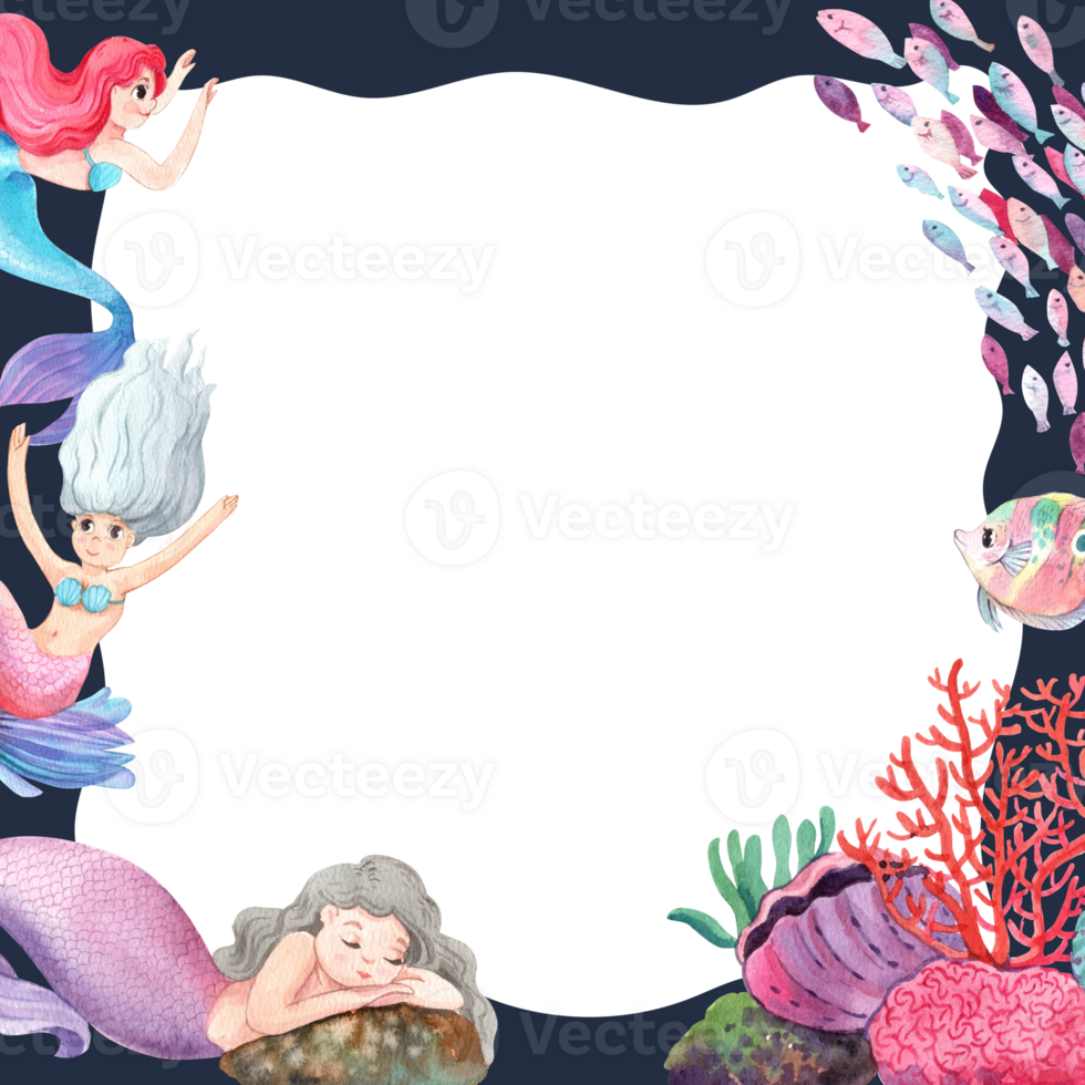 Mermaids in Harmony with Ocean Creatures Frame Design, Watercolor Hand-Drawn Illustration png