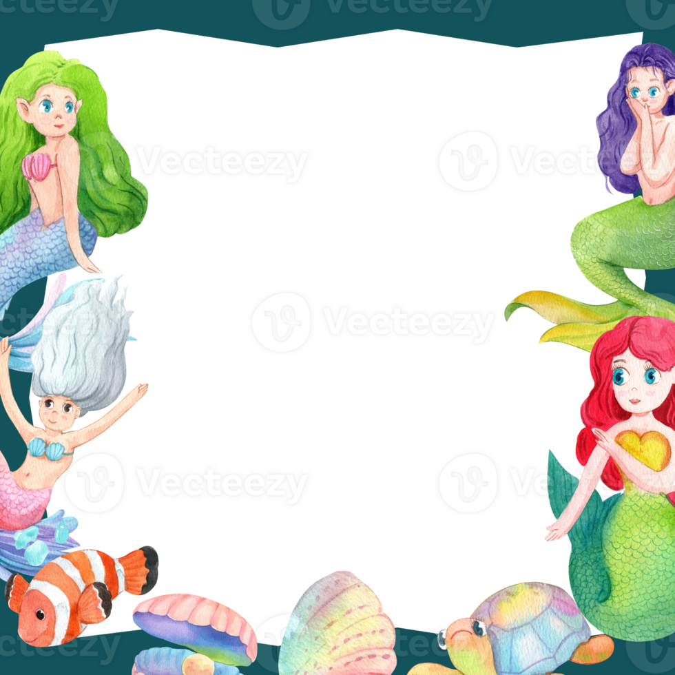 Mystical Mermaids and Their Ocean Friends Frame Design, Watercolor Hand-Drawn Illustration png