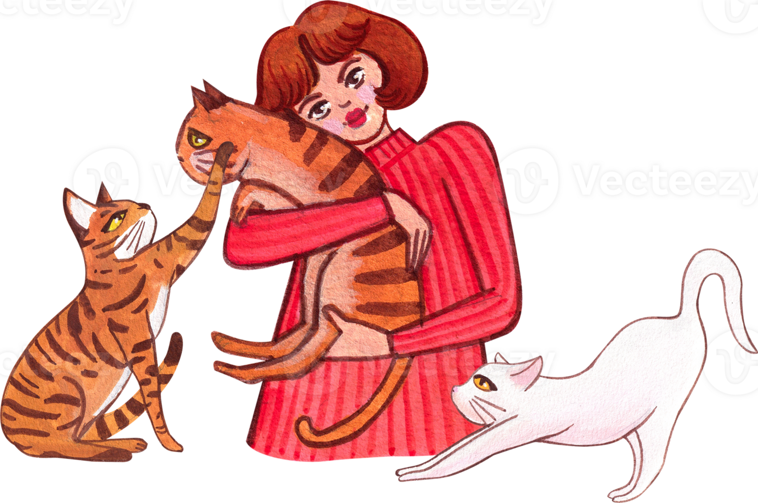 A woman with bob hair holds a tiger-striped cat. Another cat reaches out to touch her. A white cat stretches out its legs., hand-drawn watercolor painting illustration png