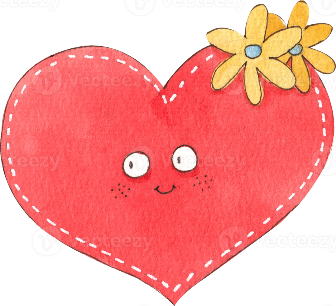 cute red heart with eyes and a yellow flower, hand-drawn watercolor painting illustration png