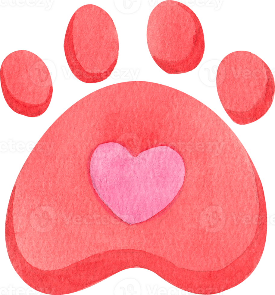 red dog paw print with a pink heart in the center, hand-drawn watercolor painting illustration png