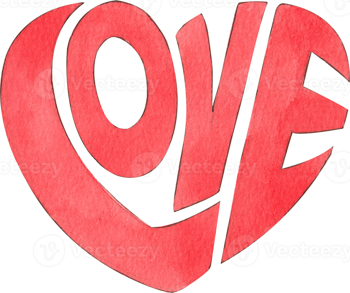 letters spelling love in the shape of a heart, hand-drawn watercolor painting illustration png