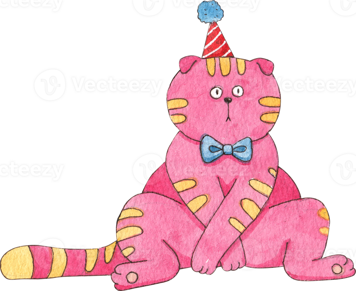 pink cat with yellow patterns sitting, wearing a blue bow and a red party hat, hand-drawn watercolor painting illustration png