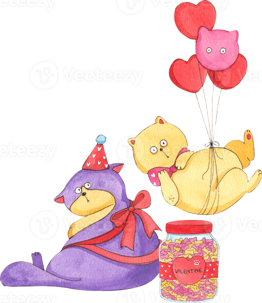 A fat purple cat wearing a party hat and a big red bow sits near a jar of food. Another yellow cat floats up because it is tied to several balloons., hand-drawn watercolor painting illustration png