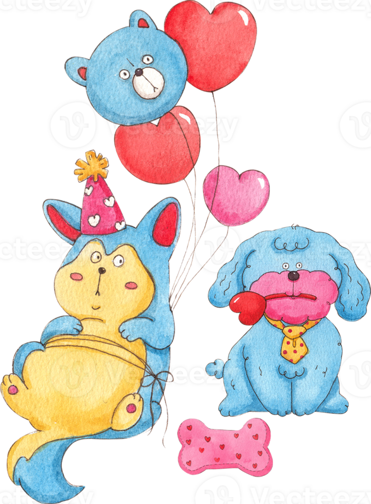 A blue dog sits with a sagging belly wearing a party hat with balloons tied to it. Another dog holds a heart-shaped toy in his mouth., hand-drawn watercolor painting illustration png